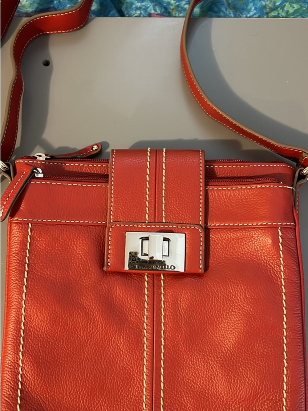 Tignanello Orange Leather Crossbody with Silver-Tone Turn Lock